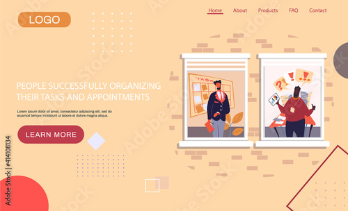 People successfully organizing their tasks and appointments landing page template set, businessman stands at blackboard presents plan. Time management and problem execution control, schedulling photo