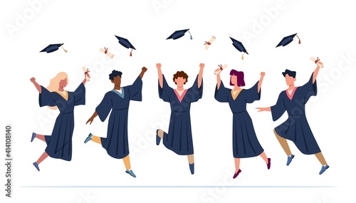 Tossing Caps. Happy college graduates group throw up caps, students graduation ceremony from university, boys and girls in student robes. Vector flat cartoon isolated on white concept