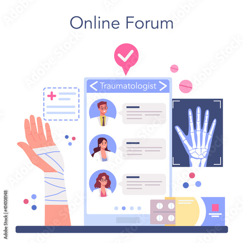 Traumatologist online service or platform. Injured limb, broken