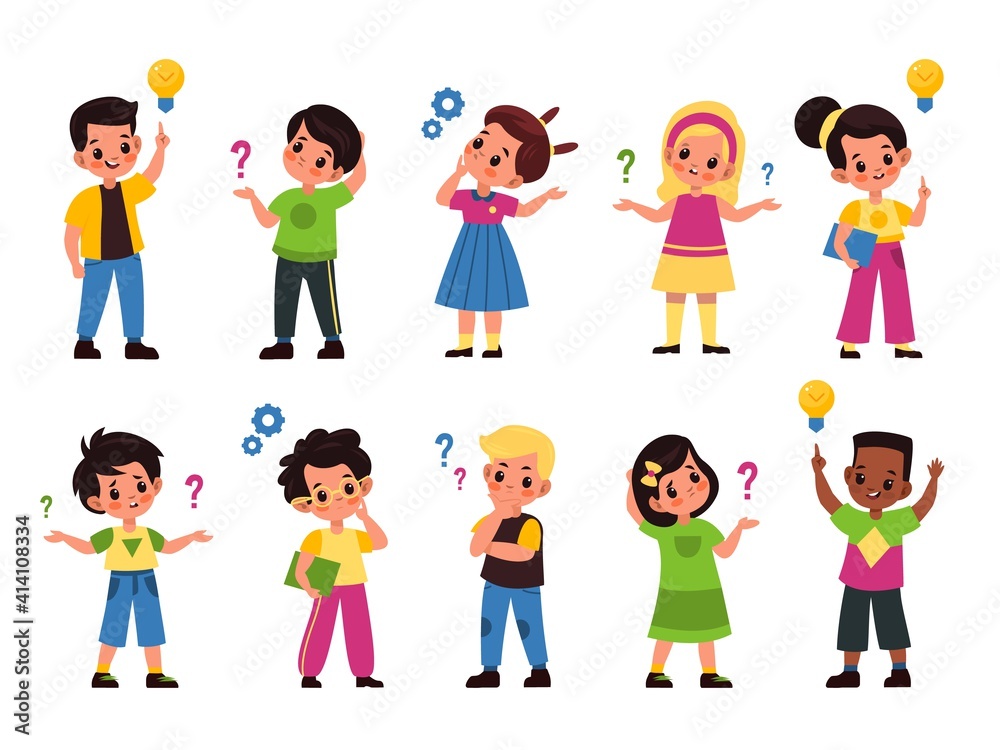 Thoughtful kids. Children with questions, lamps and gears symbols over heads, thought processes, imagination and new idea, thinking girls and boys in different poses. Vector cartoon set Thoughtful kids. Children with questions, lamps and gears symbols over heads, thought processes, imagination and new idea, thinking girls and boys in different poses. Vector cartoon set