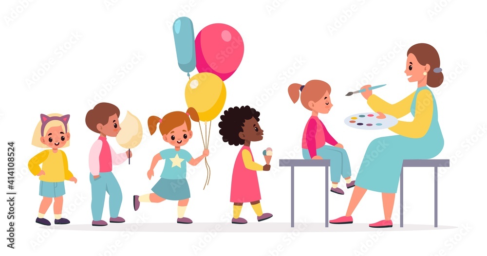 Funny makeup. Painted children faces woman makes party makeover for kids, happy boys and girls with cotton candy and balloons in queue. Birthday celebration vector cartoon concept