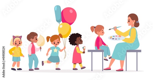 Funny makeup. Painted children faces woman makes party makeover for kids  happy boys and girls with cotton candy and balloons in queue. Birthday celebration vector cartoon concept