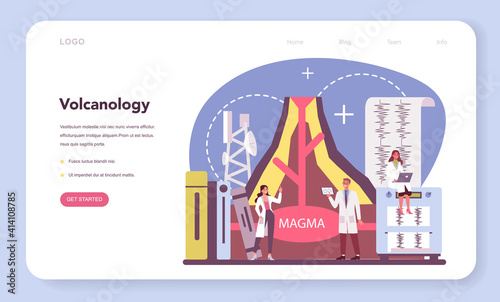 Volcanologist web banner or landing page. Geologist studying