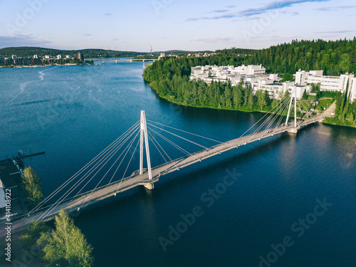 Fényképezés Aerial view of bridge over lake river to Campus area in Finland.