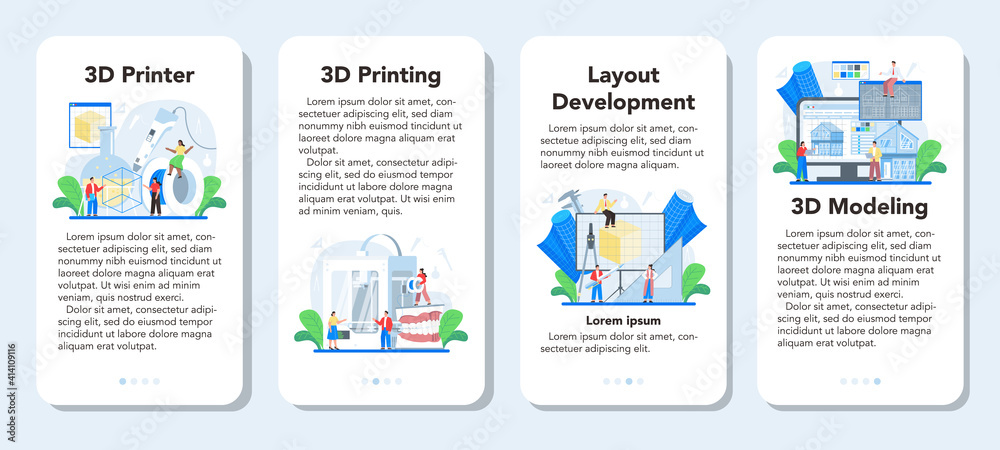 3D modeling mobile application banner set. Digital drawing