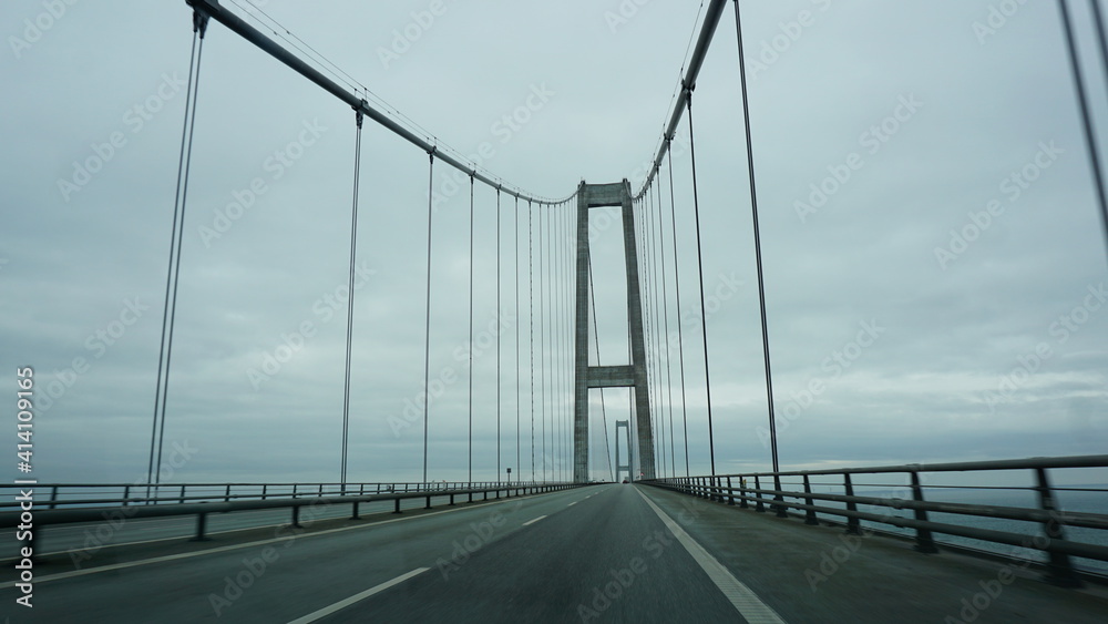 the Storebaelt bridge across the Great Belt between the islands Zealand and Funen, Denmark, March