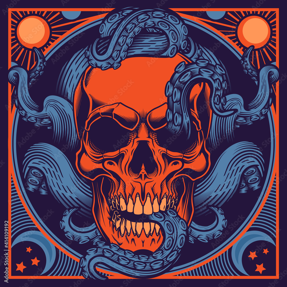 Skull with tentacles design. Vector illustration of human skull with