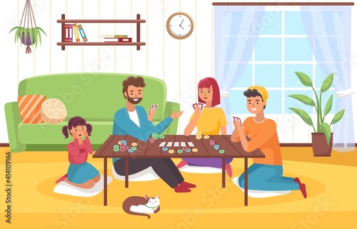 Board game at home. Happy family in room interior plays card role-playing game, joint collective hobby parents and children, cards on table. Friendly communication leisure time vector concept