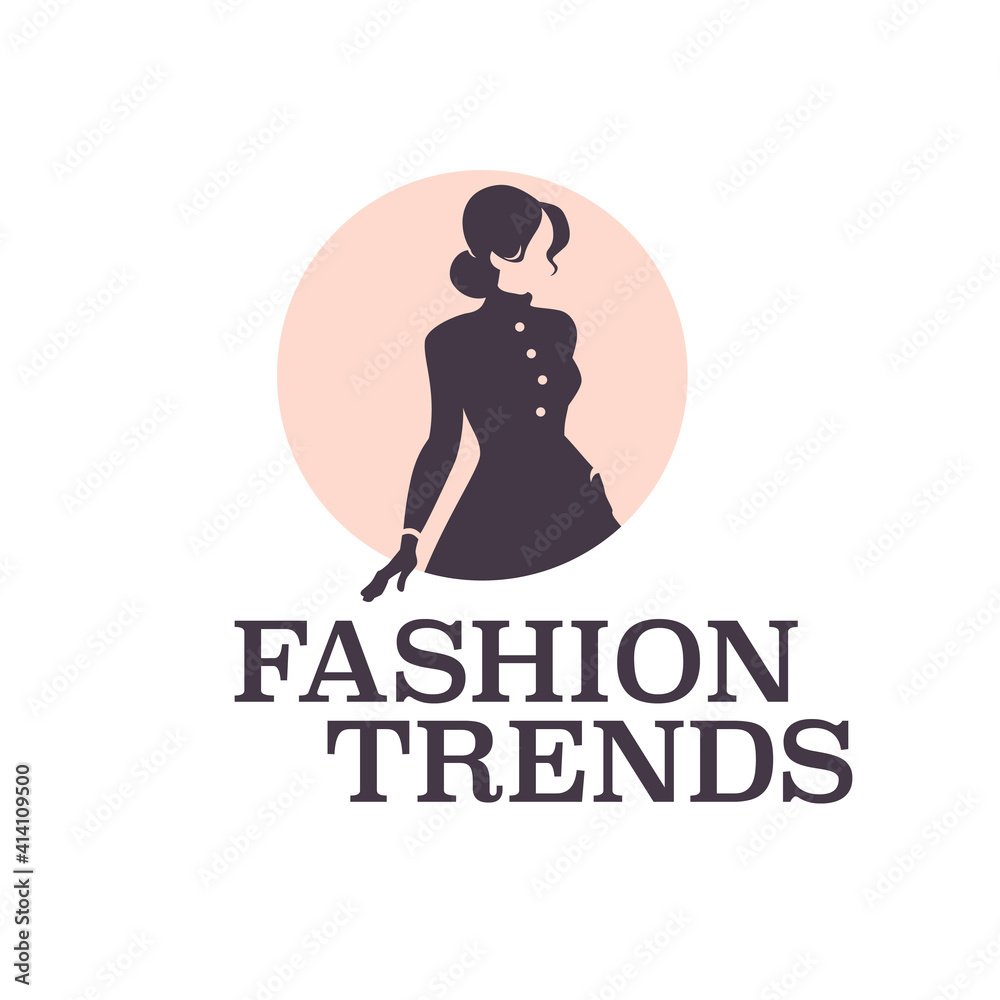 Fashion trends design template isolated on light background. Stylish lady in coat and gloves icon concept. For branding, advertisement, shop insignia. Vector flat illustration.