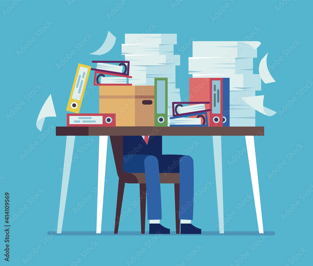 Accounting documents piles. Unorganized office work concept. Man sitting at table with heaps of papers and folders. Time management failure. Ineffective workflow, vector unfinished job - obrazy, fototapety, plakaty 