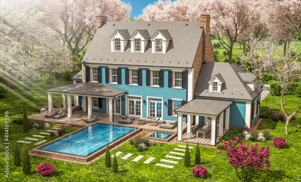3d rendering of modern cozy classic house in colonial style with garage and pool for sale or rent with beautiful landscaping Fresh spring day with a blooming trees with flowers of sakura on backgraund - obrazy, fototapety, plakaty 