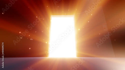 Door Opening to the brilliant Future, way to Heaven and Success. 3D illustration.