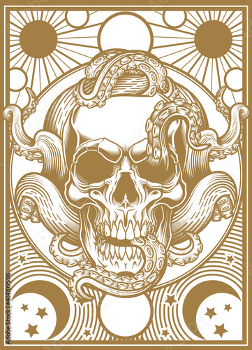 Skull with tentacles design. Vector illustration of human skull with octopus tentacles, celestial bodies design frames in engraving technique. Gothic, occult, mystery tarot card stylish background.