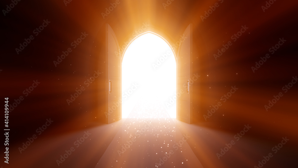 Door Opening to the brilliant Future, way to Heaven and Success. 3D illustration.