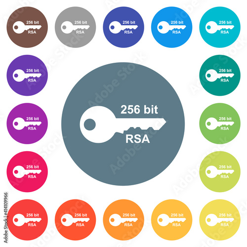 256 bit rsa encryption flat white icons on round color backgrounds