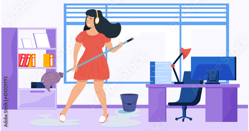 Girl with headphones washes floor. Musician imagines guitar and plays in office. Woman playing mop like guitar at work. Person creates music. Female character performs songs and cleans floor