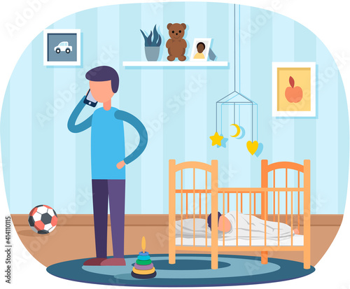 Father take care of little baby, talking on phone, nurses child helps him fall asleep, family relationships. Dad put to bed kid in baby crib, spend time at home with his infant in childrens room
