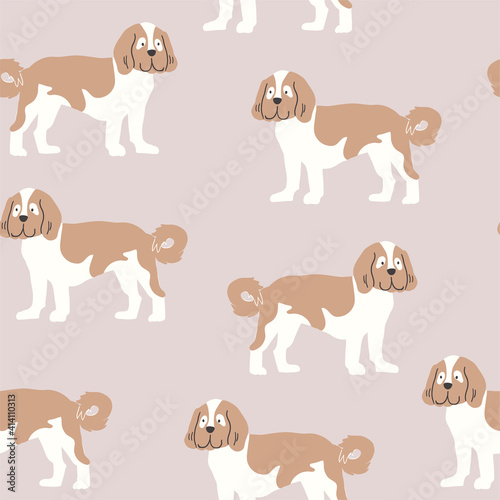 Vector seamless pattern with cute dogs. Doodle dogs standing on beige background. Dog design for kids textile, simple minimalistic design