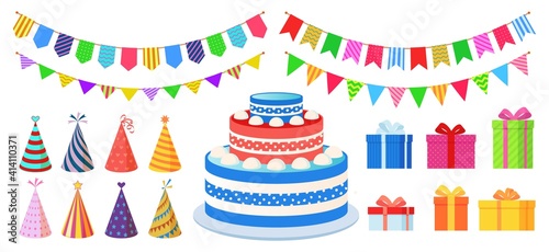 Birthday party decoration. Cartoon celebration elements, multicolor carnival festive cone, hanging flags, wrapped present boxes, huge cake. Accessories for celebration decor vector set