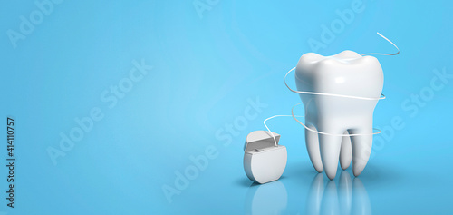 Dental floss. Flossing your teeth. Tooth and dental floss on a blue background. Copy space for text. 3d render