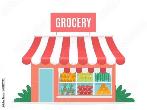 Grocery shop. Cartoon greengrocer store facade. Front view of isolated one-story building with awning and signboard. Place of sale of fruits and vegetables. Vector minimal illustration