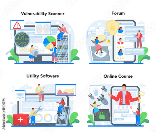 Computer security specialist online service or platform set. Idea of digital
