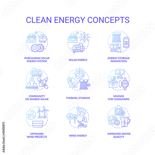 Community or shared solar concept icons set. Purchasing solar energy system idea thin line RGB color illustrations. Improved water quality. Thermal storage. Vector isolated outline drawings