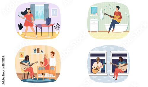 Set of illustrations about musicians play acoustic guitar and entertain people. Joint pastime with music. Guitarists perform with stringed instrument. Characters listening to guitar melodies