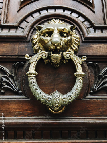 Lion's head door knob on the wooden door