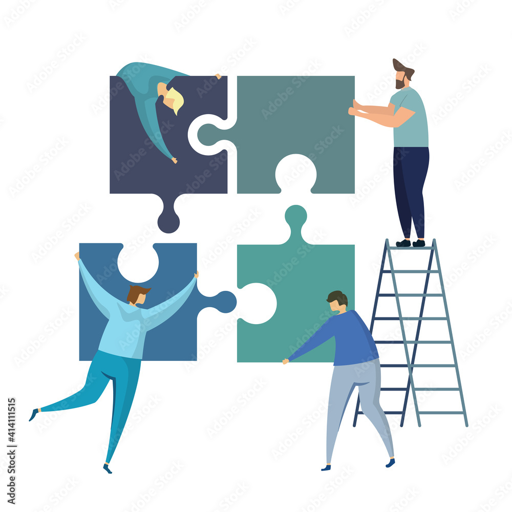 Fototapeta premium Business crew concept. Team metaphor people connecting build puzzle elements. Vector illustration flat design style. Symbol of teamwork, cooperation, partnership.