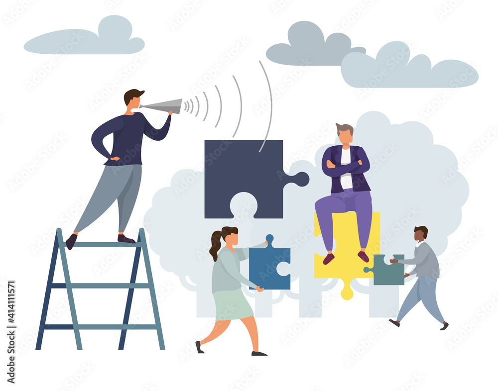 Teamwork Business leader Solution Concept with Characters Collect Puzzle Pieces. Businessman and Businesswoman lead the process Brainstorming Innovation Banner. Vector Flat illustration