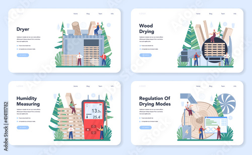 Wood industry web banner or landing page set. Wood drying