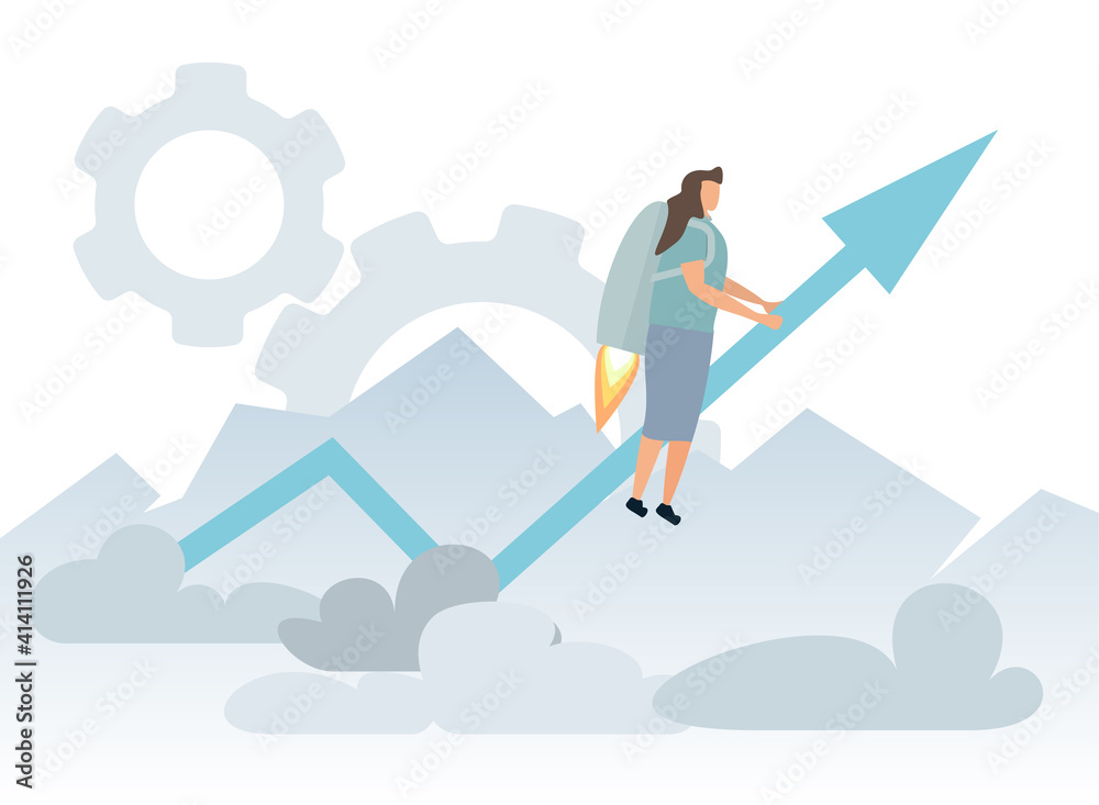 Business woman flying off with jet pack vector flat illustration. Female office worker flying up by rocket and take off the ground. Business concept career boost, start up and growth business process Business woman flying off with jet pack vector flat illustration. Female office worker flying up by rocket and take off the ground. Business concept career boost, start up and growth business process
