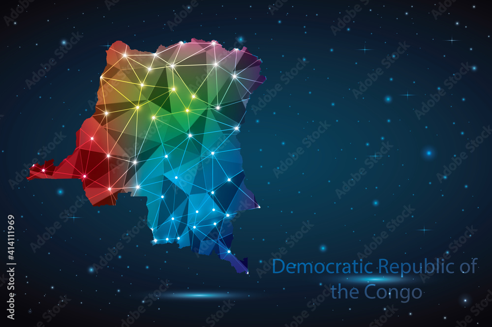 Abstract Polygon Map of Democratic Republic of the Congo. Vector Illustration Low Poly Color Rainbow on Dark Background. Abstract Polygon Map of Democratic Republic of the Congo. Vector Illustration Low Poly Color Rainbow on Dark Background.