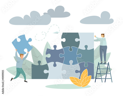 Team metaphor people connecting puzzle elements. Business concept. Vector illustration flat design style. Symbol of teamwork, cooperation, partnership