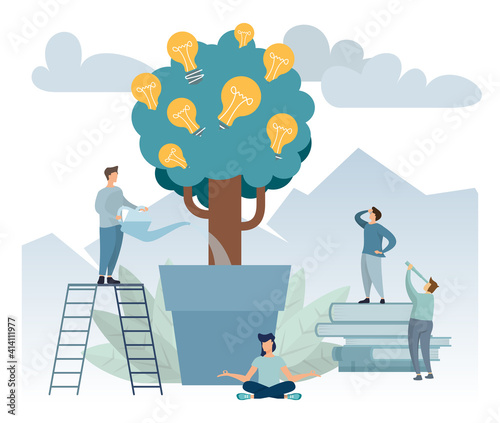 Group small people grow plants. Business knowledge creative idea concept. Flat cartoon character graphic design for web mobile. Vector illustration banner