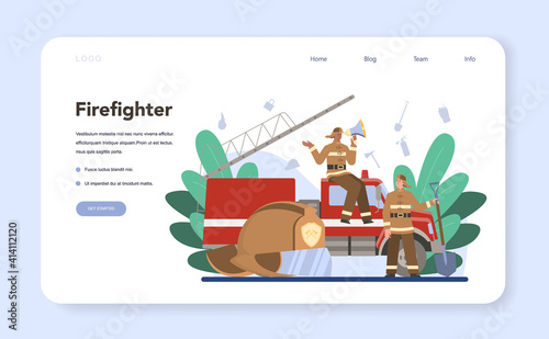 Fireman web banner or landing page. Professional fire brigade