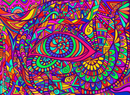 Trippy hippie rainbow psychedelic shamanic Eye with colorful bizarre ornaments fantastic background.