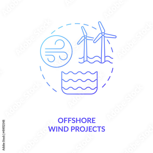 Offshore wind projects concept icon. Wind energy to generate electricity idea thin line illustration. Breeze turbines. Clean and renewable. Vector isolated outline RGB color drawing