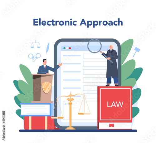 Judge online service or platform. Court worker stand for justice and law.