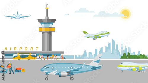 Concept airport banner, work airstrip airfield and terminal flat vector illustration. Take off, landing passenger plane, international airport. Control tower, city urban background.