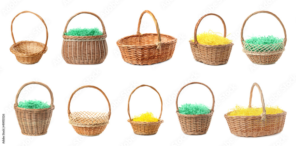 Set with wicker baskets on white background, banner design. Easter item