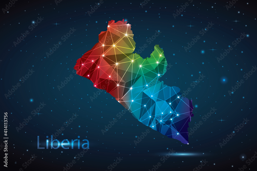 Abstract Polygon Map of Liberia. Vector Illustration Low Poly Color Rainbow on Dark Background. Abstract Polygon Map of Liberia. Vector Illustration Low Poly Color Rainbow on Dark Background.