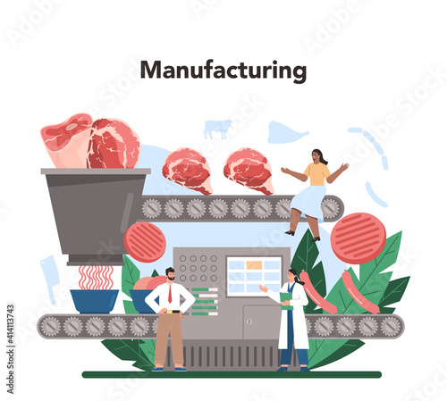 Meat production industry concept. Butcher or meatman factory