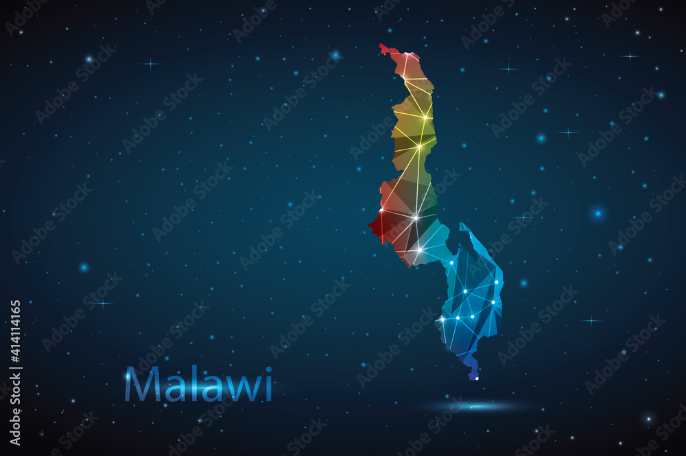 Abstract Polygon Map of Malawi. Vector Illustration Low Poly Color Rainbow on Dark Background.
