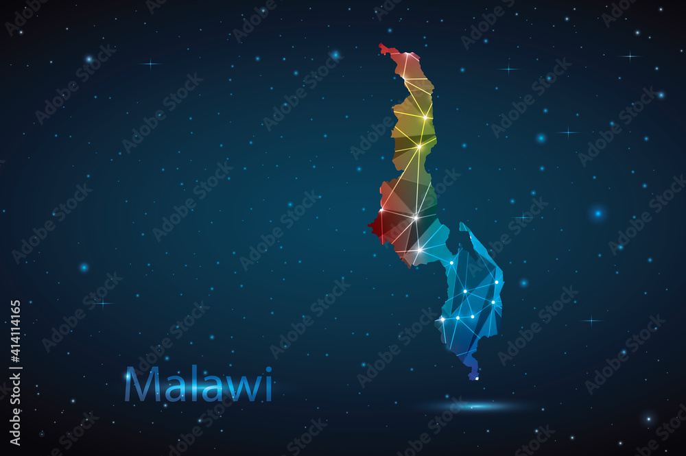 Abstract Polygon Map of Malawi. Vector Illustration Low Poly Color Rainbow on Dark Background. Abstract Polygon Map of Malawi. Vector Illustration Low Poly Color Rainbow on Dark Background.
