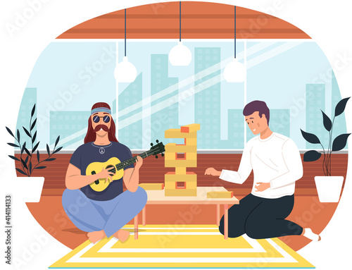 Man sitting with Jenga game. Male bard playing guitar. Guy pulls brick out of tower and listens to music. Men are playing board game with tower of wooden bars. Person with ukulele sings song