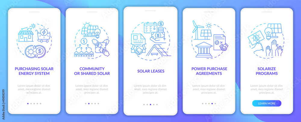 Power purchase agreements onboarding mobile app page screen with concepts. Community of shared solar walkthrough 5 steps graphic instructions. UI vector template with RGB color illustrations