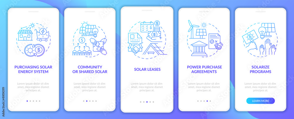 Naklejka premium Power purchase agreements onboarding mobile app page screen with concepts. Community of shared solar walkthrough 5 steps graphic instructions. UI vector template with RGB color illustrations
