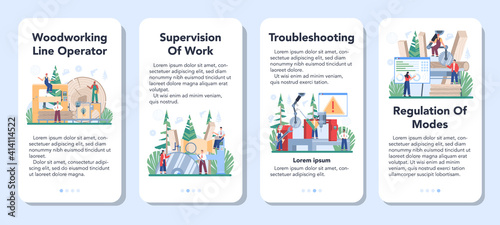 Wood industry mobile application banner set. Woodworking line operator